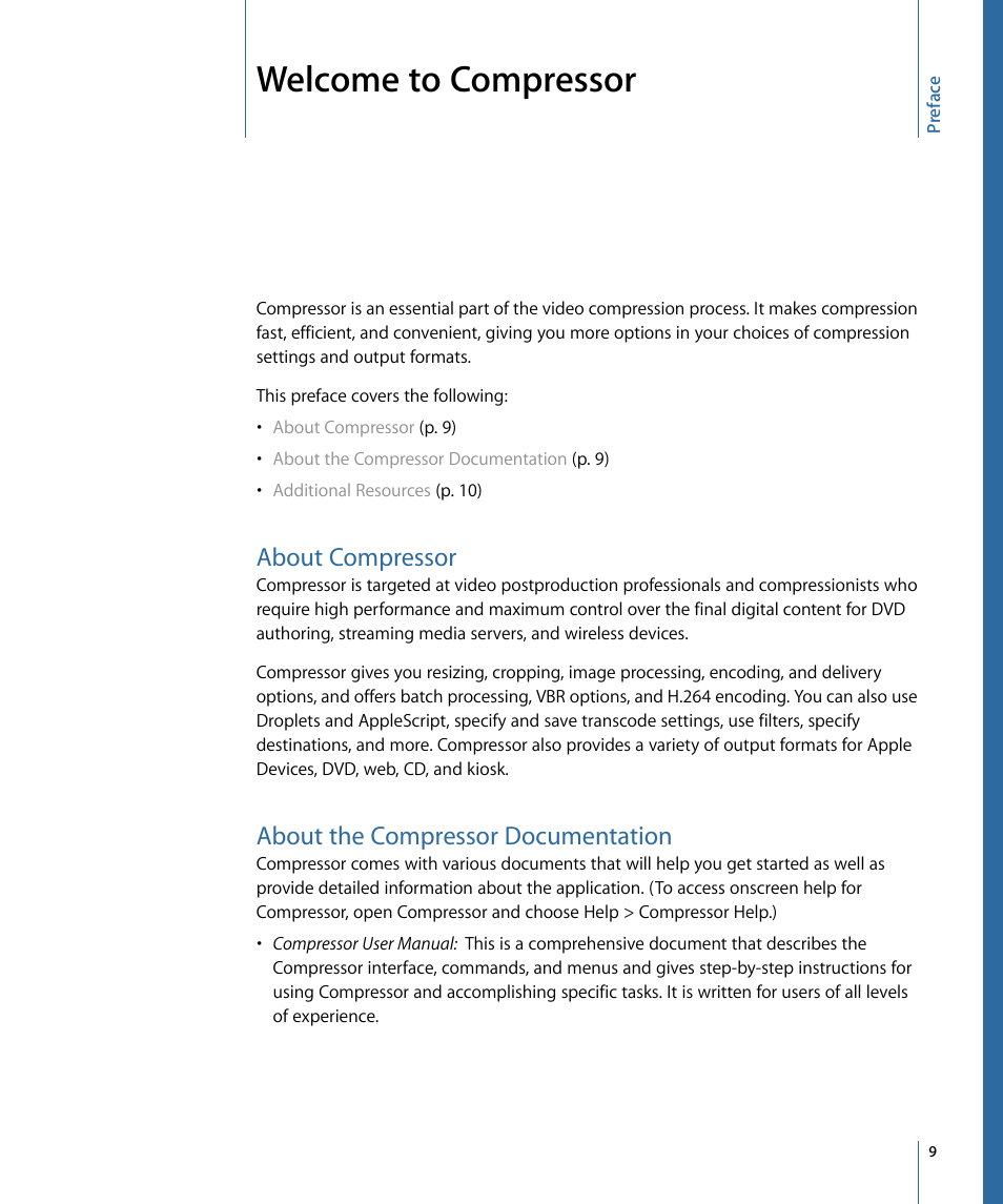 Welcome to compressor, About compressor, About the compressor documentation | Apple Compressor 3 User Manual | Page 9 / 368