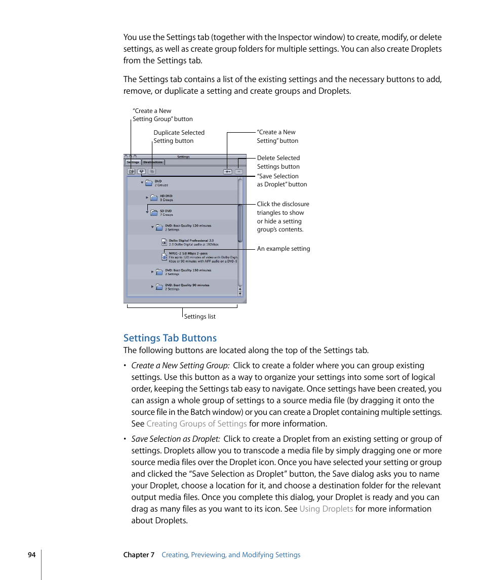 Settings tab buttons | Apple Compressor 3 User Manual | Page 94 / 368