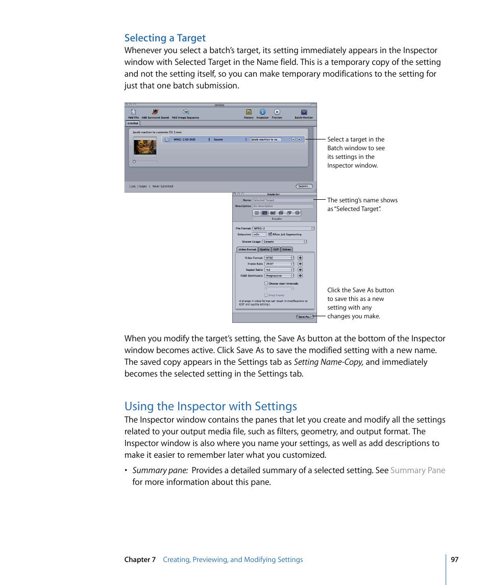 Selecting a target, Using the inspector with settings | Apple Compressor 3 User Manual | Page 97 / 368