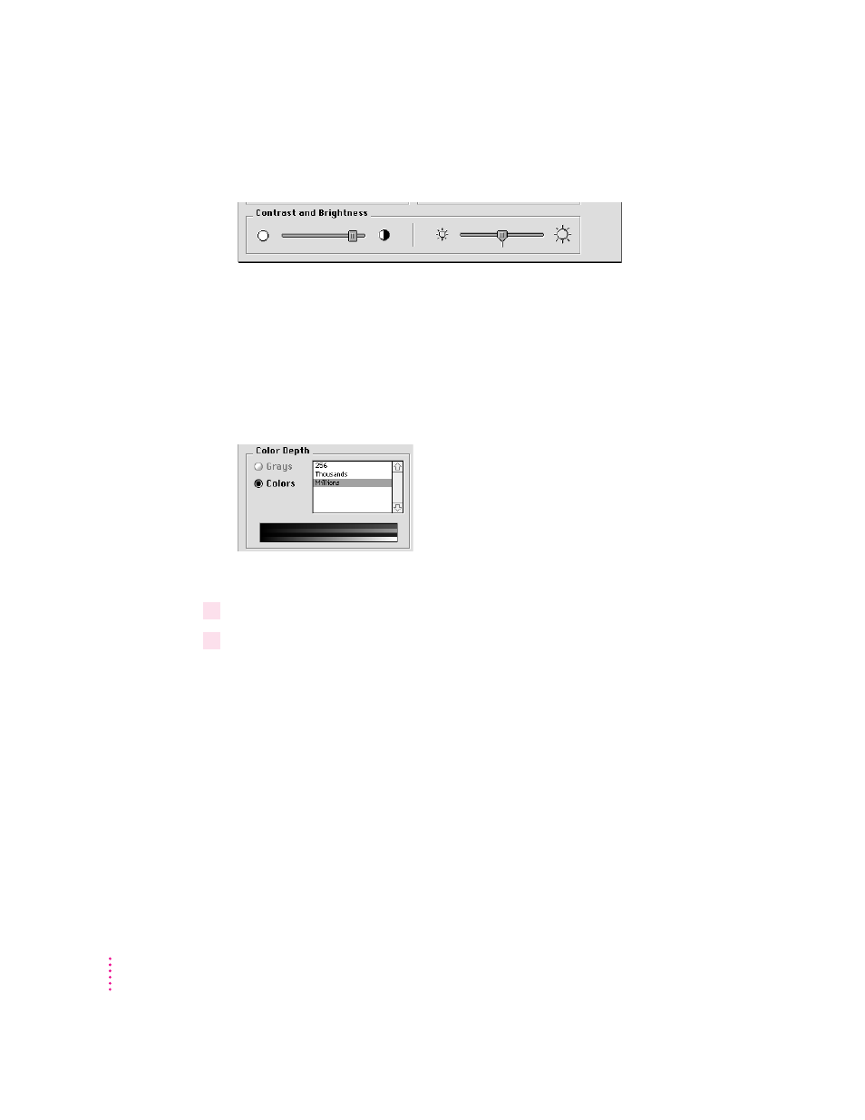 Adjusting contrast and brightness, Displaying colors or grays | Apple AppleVision monitors (OS 7.1) User Manual | Page 10 / 68
