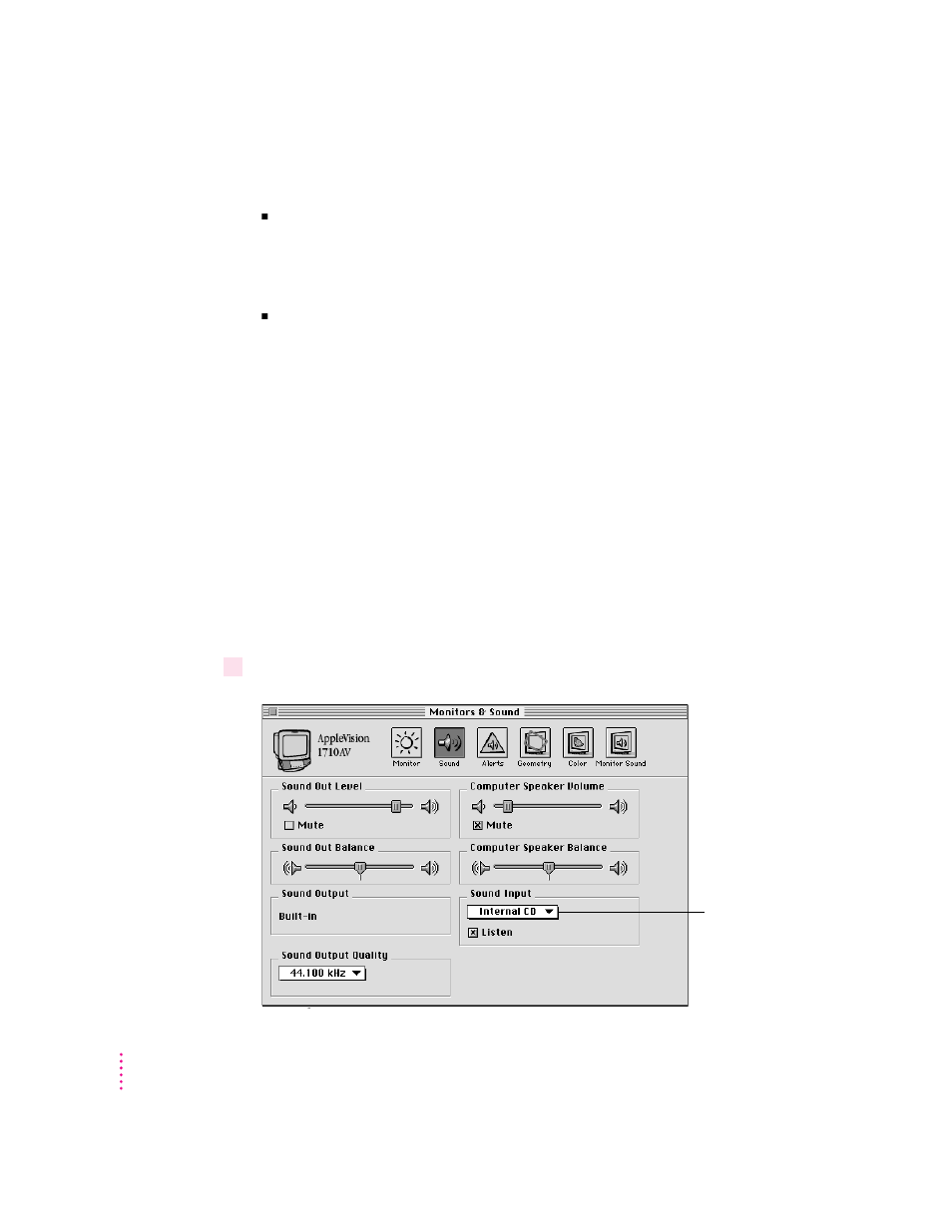 Selecting a sound input source | Apple AppleVision monitors (OS 7.1) User Manual | Page 14 / 68