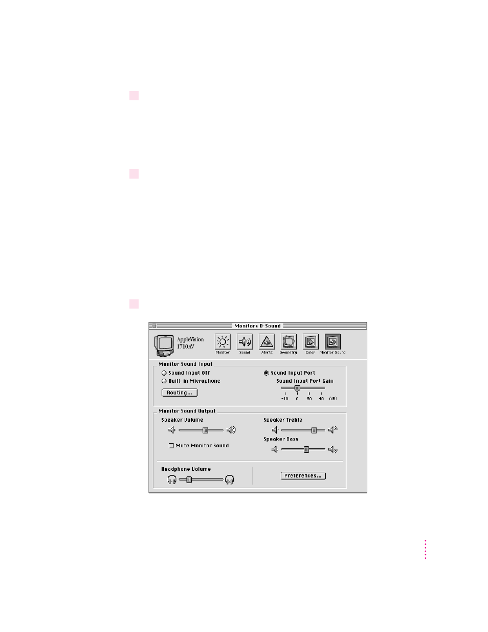 Selecting a sound input source for the monitor | Apple AppleVision monitors (OS 7.1) User Manual | Page 15 / 68