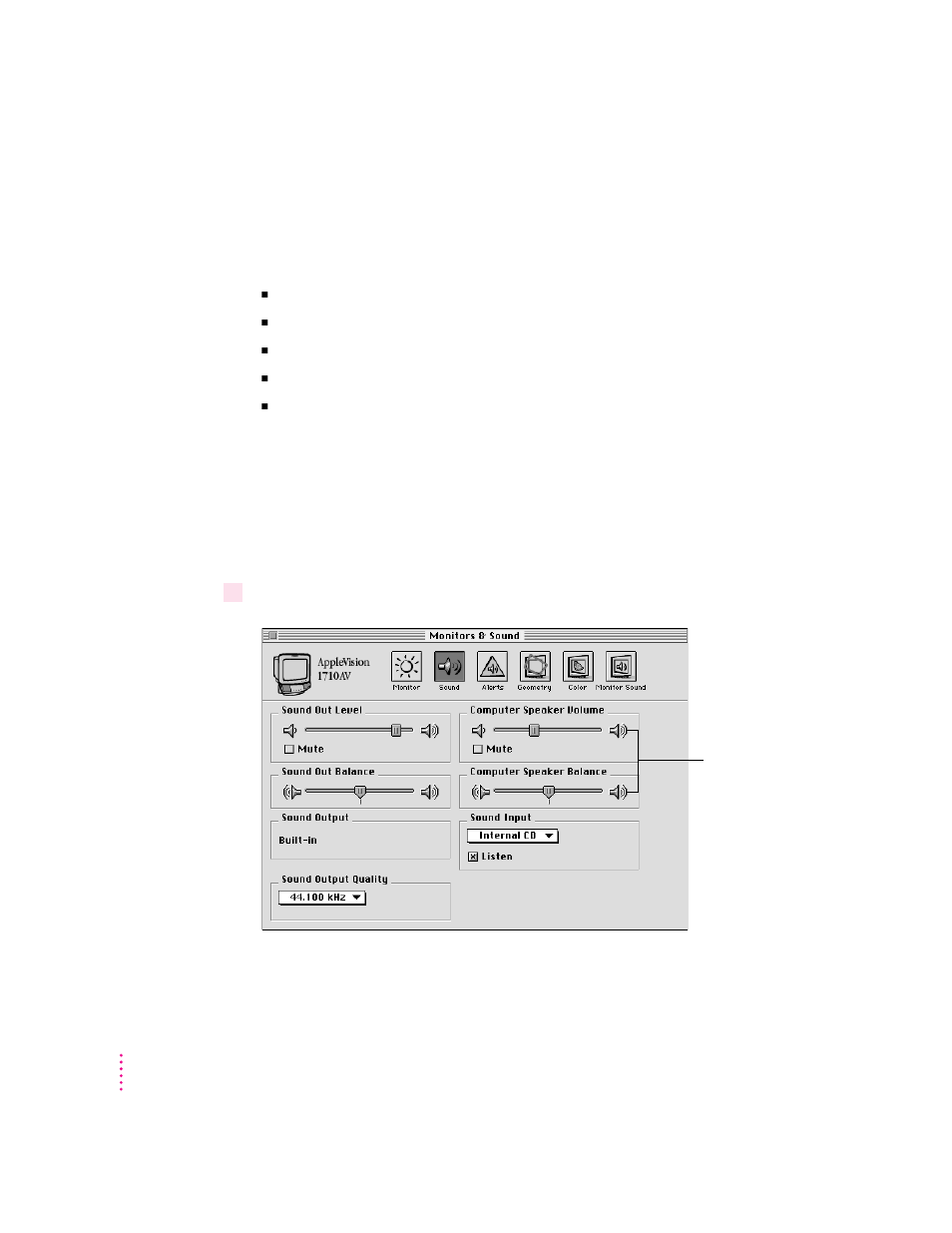 Setting volume controls, Adjusting computer speaker volume | Apple AppleVision monitors (OS 7.1) User Manual | Page 20 / 68