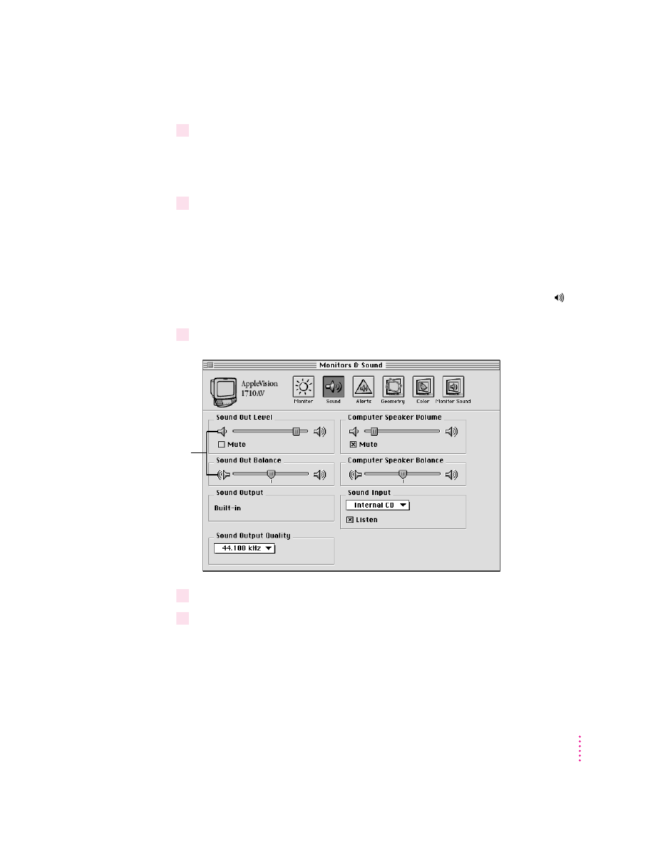 Adjusting computer sound output volume | Apple AppleVision monitors (OS 7.1) User Manual | Page 21 / 68