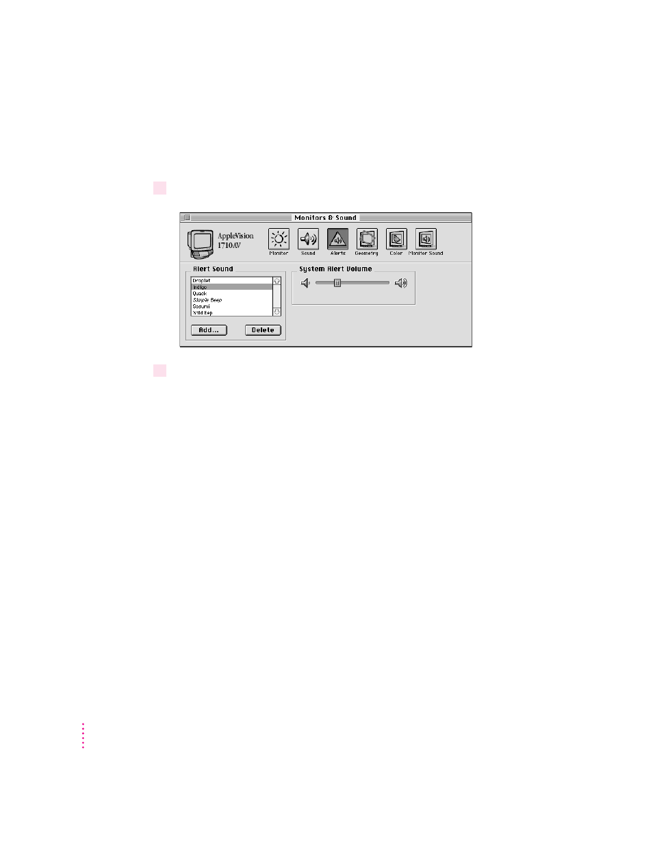 Adjusting the alert sound volume | Apple AppleVision monitors (OS 7.1) User Manual | Page 22 / 68