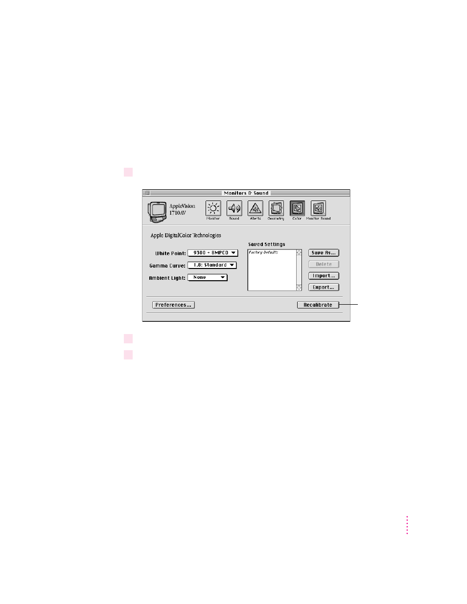 Recalibrating your applevision monitor | Apple AppleVision monitors (OS 7.1) User Manual | Page 41 / 68