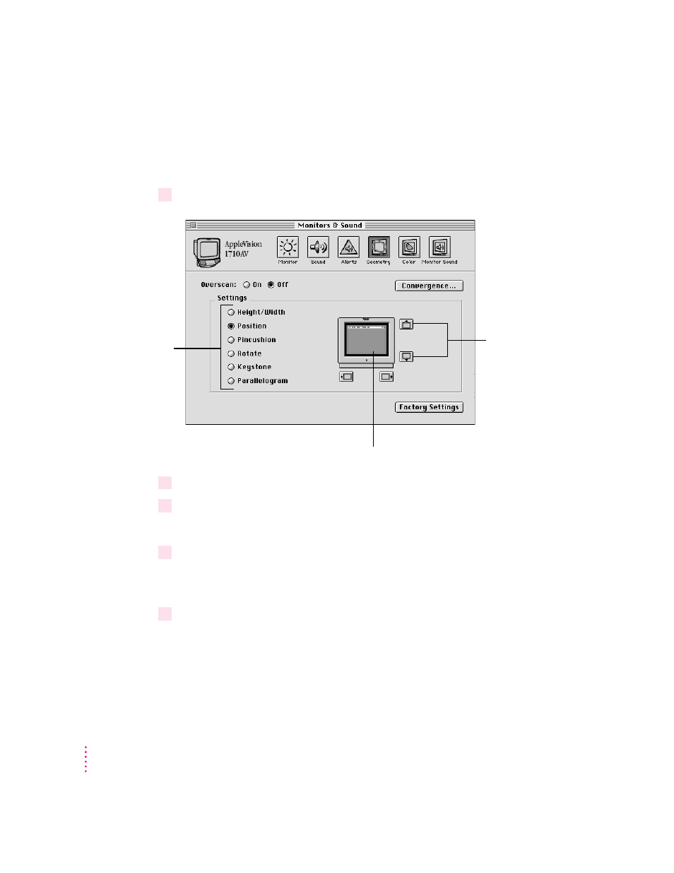 Adjusting screen geometry | Apple AppleVision monitors (OS 7.1) User Manual | Page 48 / 68