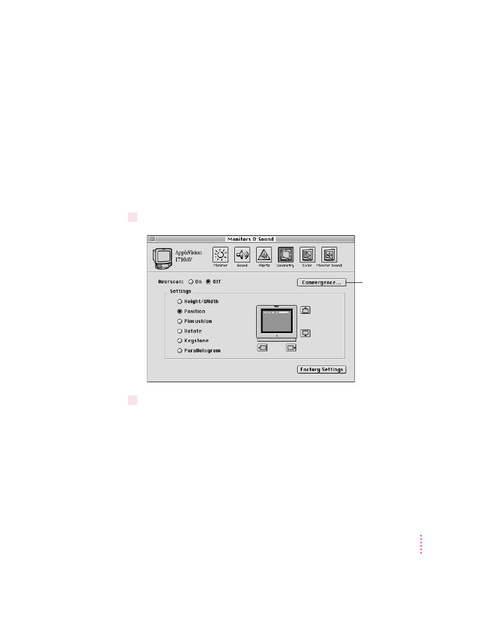 Adjusting convergence | Apple AppleVision monitors (OS 7.1) User Manual | Page 49 / 68