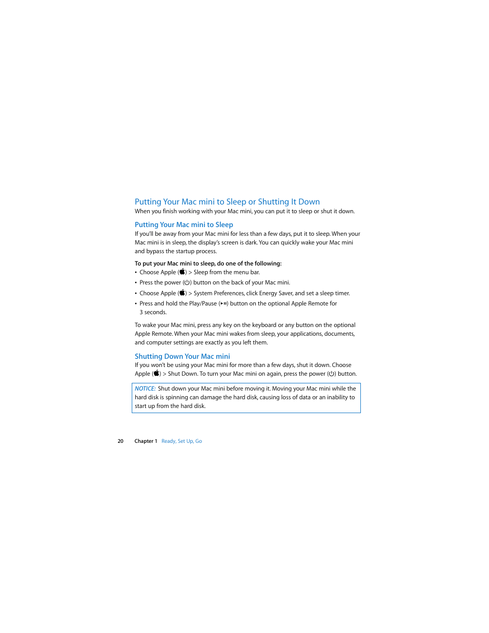 Putting your macmini to sleep or shutting it down, Putting your macmini to sleep, Shutting down your macmini | Putting your mac mini to sleep or shutting it down | Apple Mac mini (Mac OS X Server, Late 2009) User Manual | Page 20 / 72