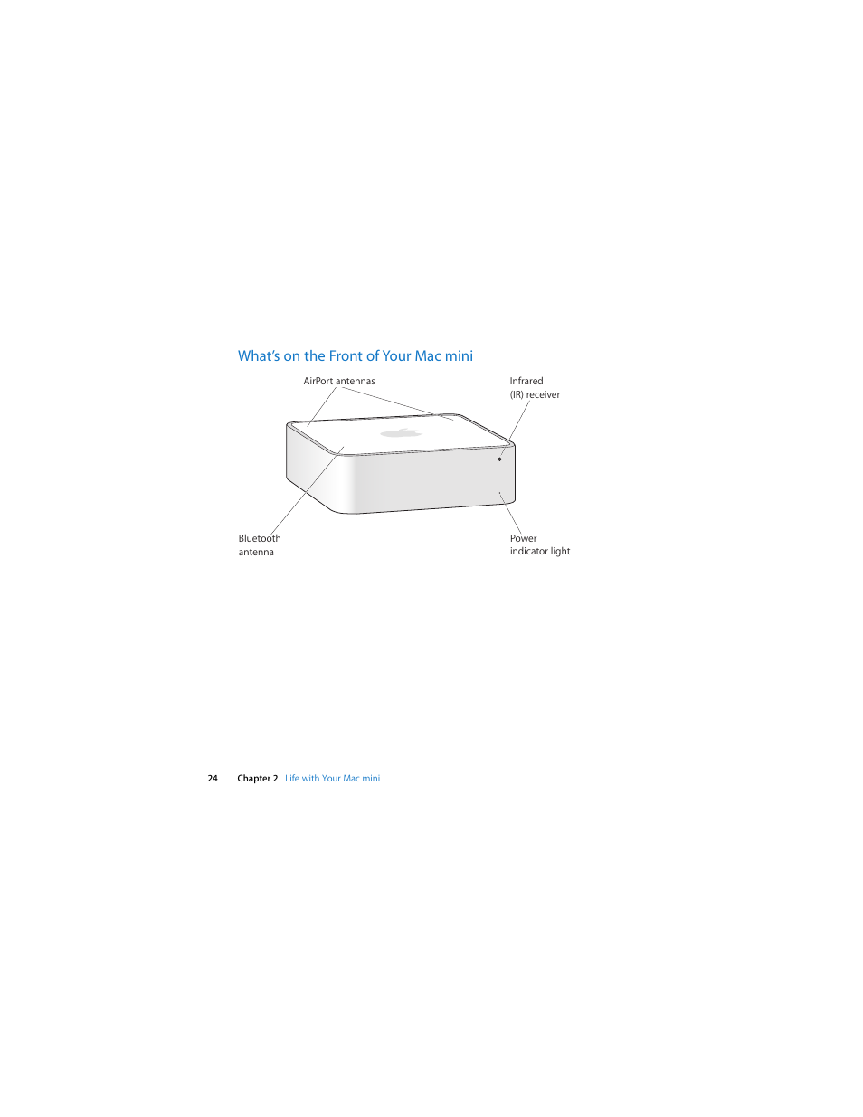 What’s on the front of your macmini, What’s on the front of your mac mini | Apple Mac mini (Mac OS X Server, Late 2009) User Manual | Page 24 / 72