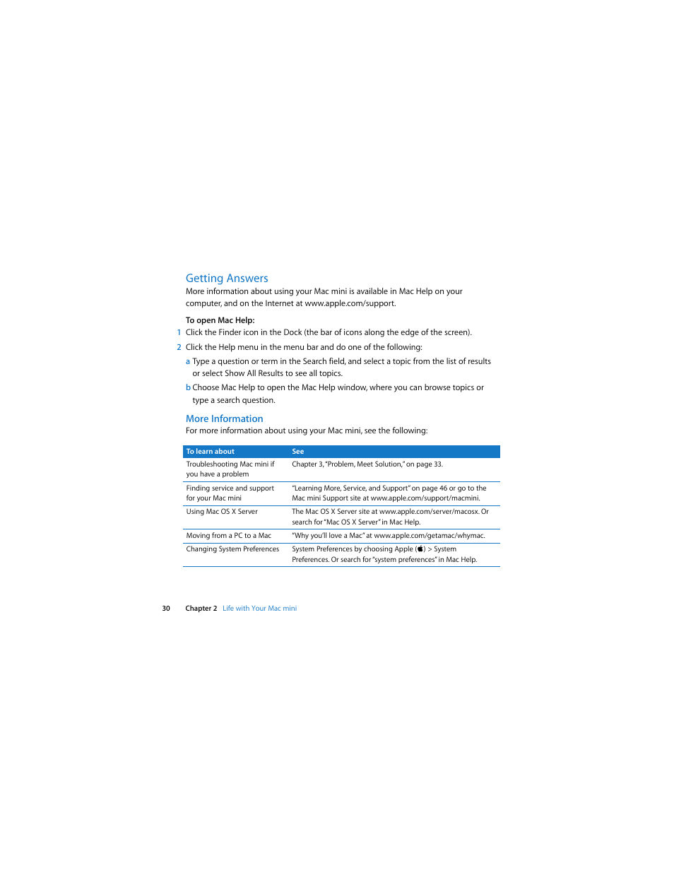 Getting answers, More information | Apple Mac mini (Mac OS X Server, Late 2009) User Manual | Page 30 / 72
