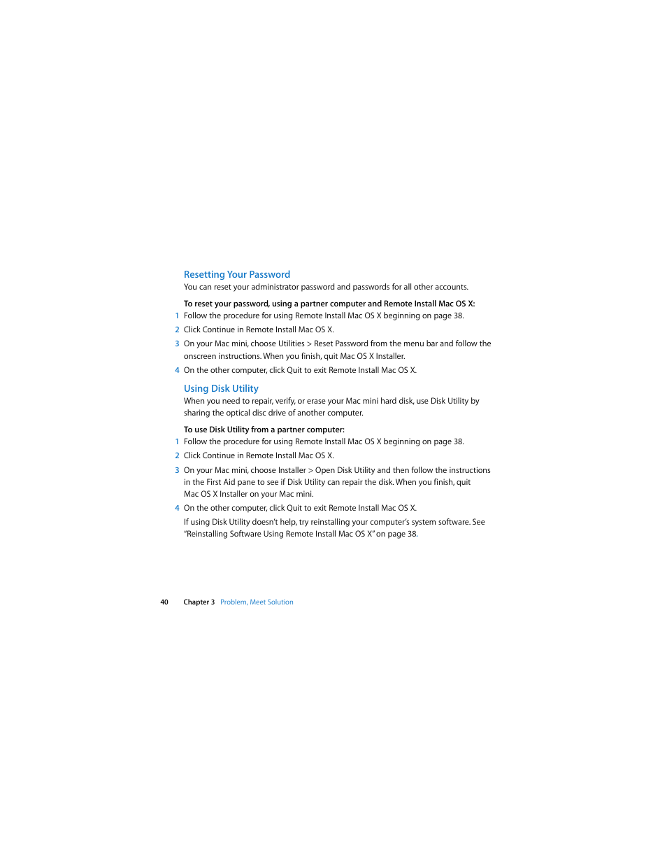 Resetting your password, Using disk utility | Apple Mac mini (Mac OS X Server, Late 2009) User Manual | Page 40 / 72