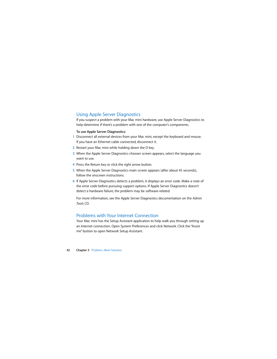 Using apple server diagnostics, Problems with your internet connection | Apple Mac mini (Mac OS X Server, Late 2009) User Manual | Page 42 / 72