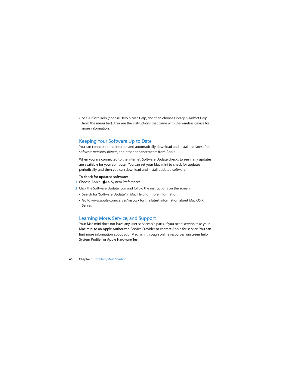 Keeping your software up to date, Learning more, service, and support | Apple Mac mini (Mac OS X Server, Late 2009) User Manual | Page 46 / 72