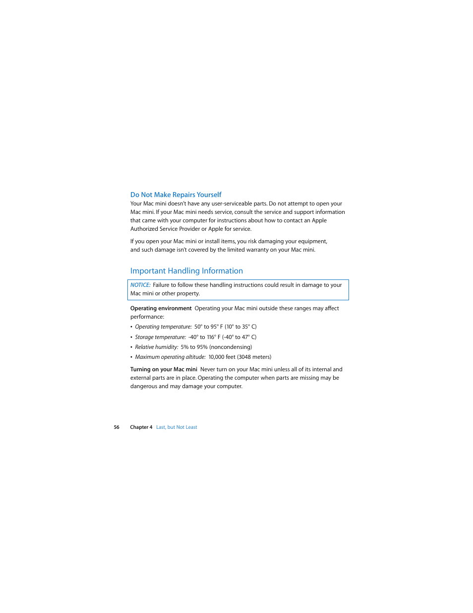 Do not make repairs yourself, Important handling information | Apple Mac mini (Mac OS X Server, Late 2009) User Manual | Page 56 / 72