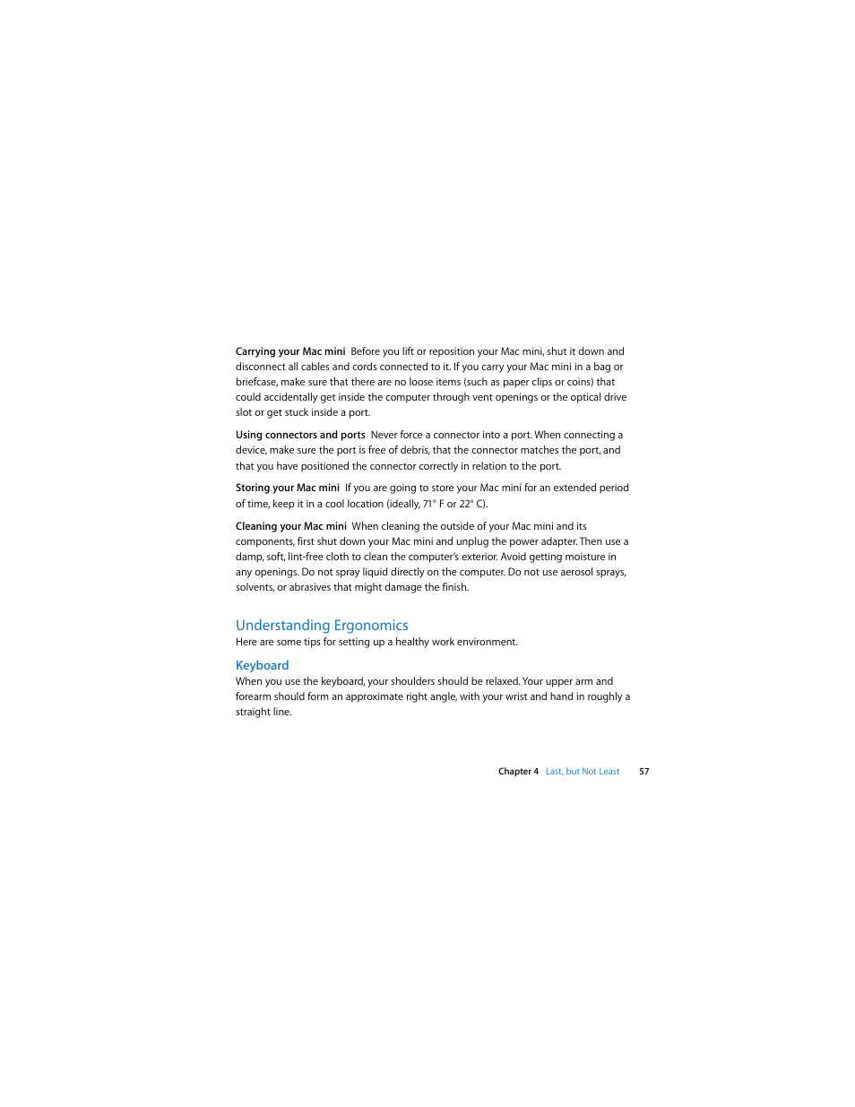 Understanding ergonomics, Keyboard | Apple Mac mini (Mac OS X Server, Late 2009) User Manual | Page 57 / 72