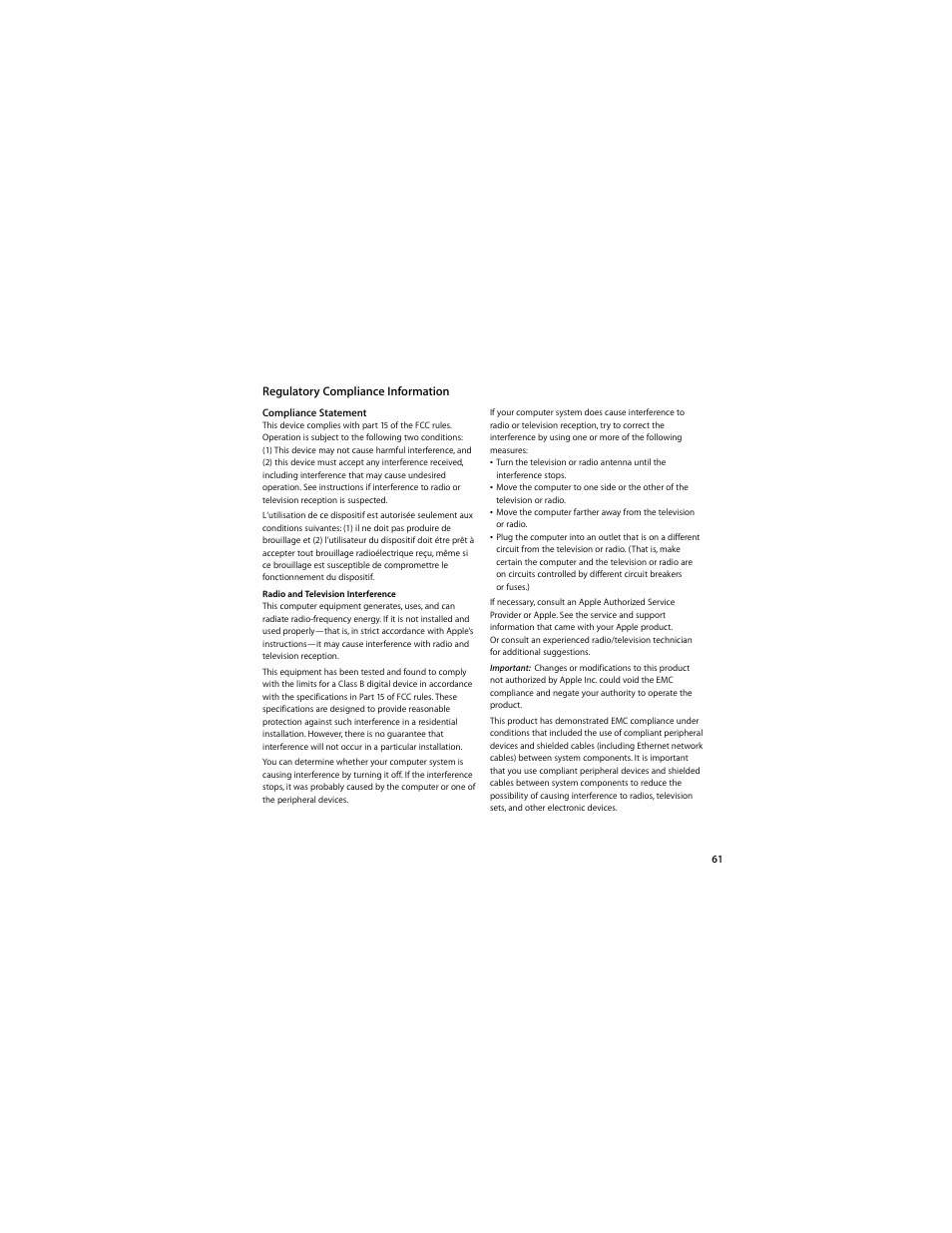 Regulatory compliance information | Apple Mac mini (Mac OS X Server, Late 2009) User Manual | Page 61 / 72