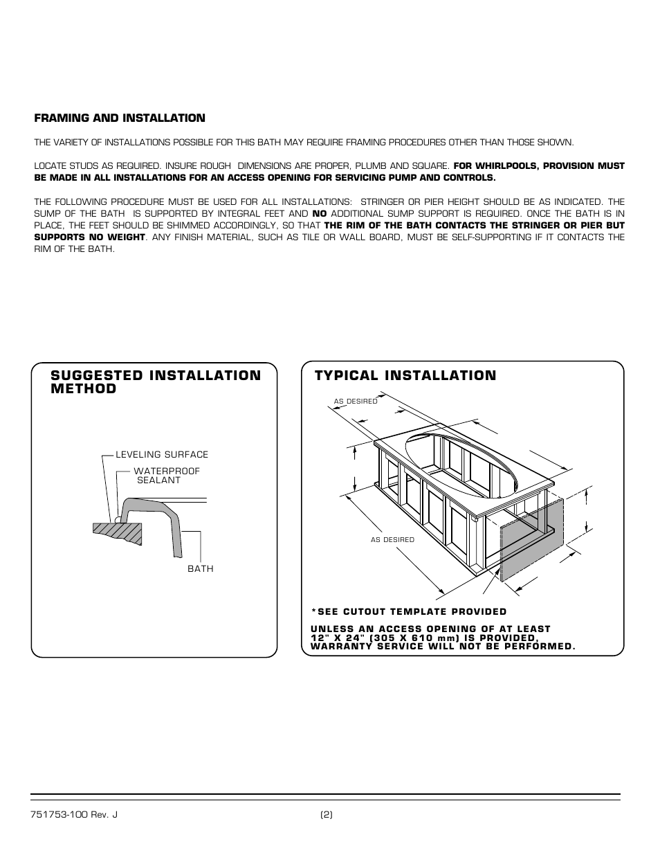 Suggested installation method, Typical installation, Framing and installation | American Standard Ellisse Oval Bathtub 2709.XXXW User Manual | Page 2 / 4