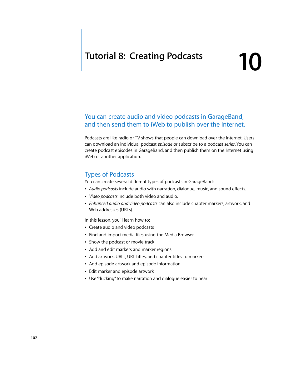 Tutorial 8: creating podcasts, Chapter 10, Tutorial 8: creating podcasts | Apple GarageBand '09 User Manual | Page 102 / 122