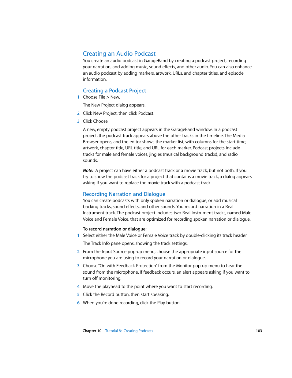 Creating an audio podcast | Apple GarageBand '09 User Manual | Page 103 / 122