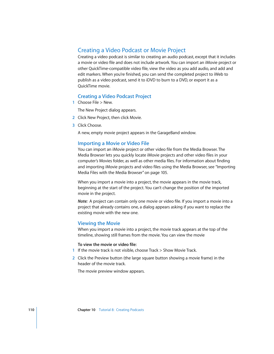 Creating a video podcast or movie project | Apple GarageBand '09 User Manual | Page 110 / 122