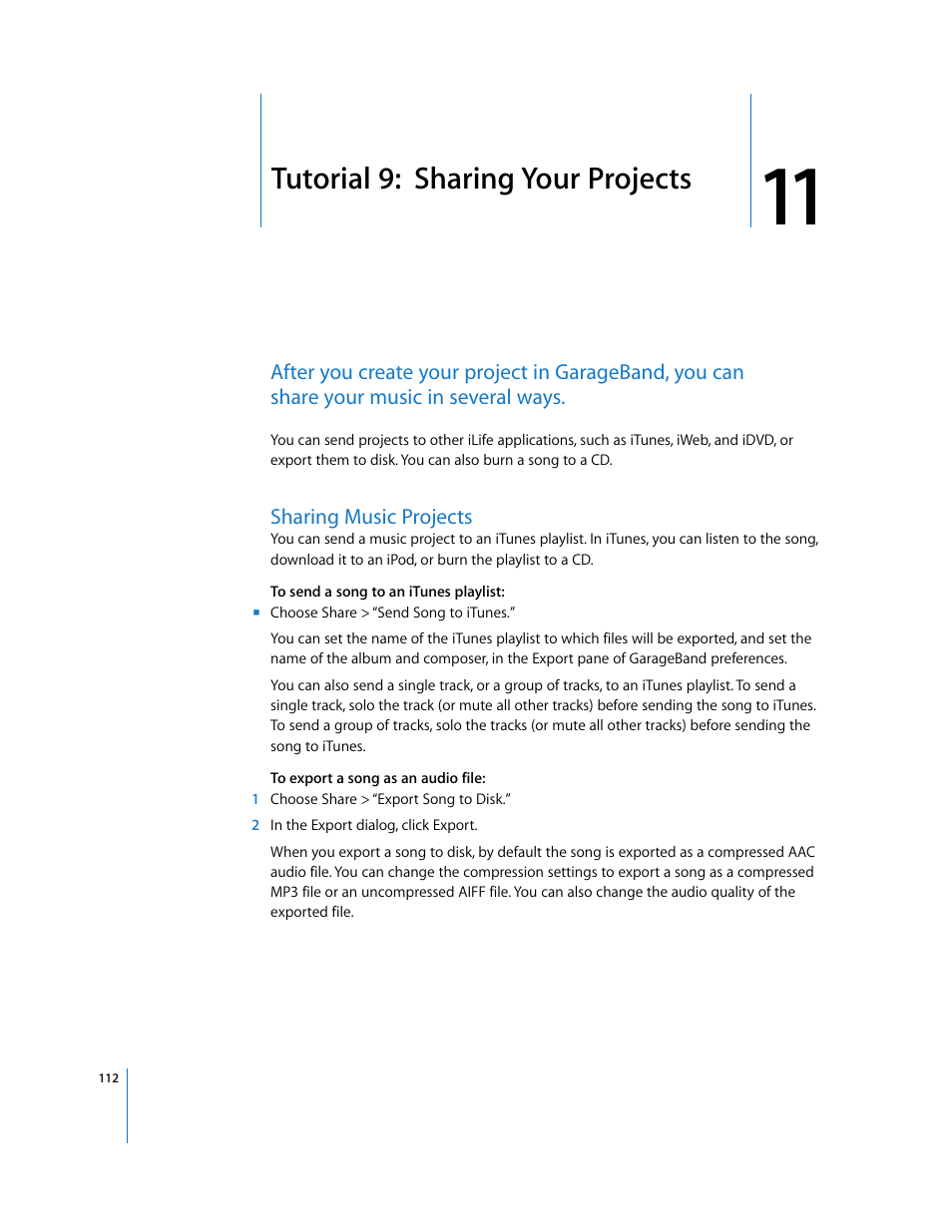 Tutorial 9: sharing your projects, Chapter 11, Tutorial 9: sharing your projects | Apple GarageBand '09 User Manual | Page 112 / 122