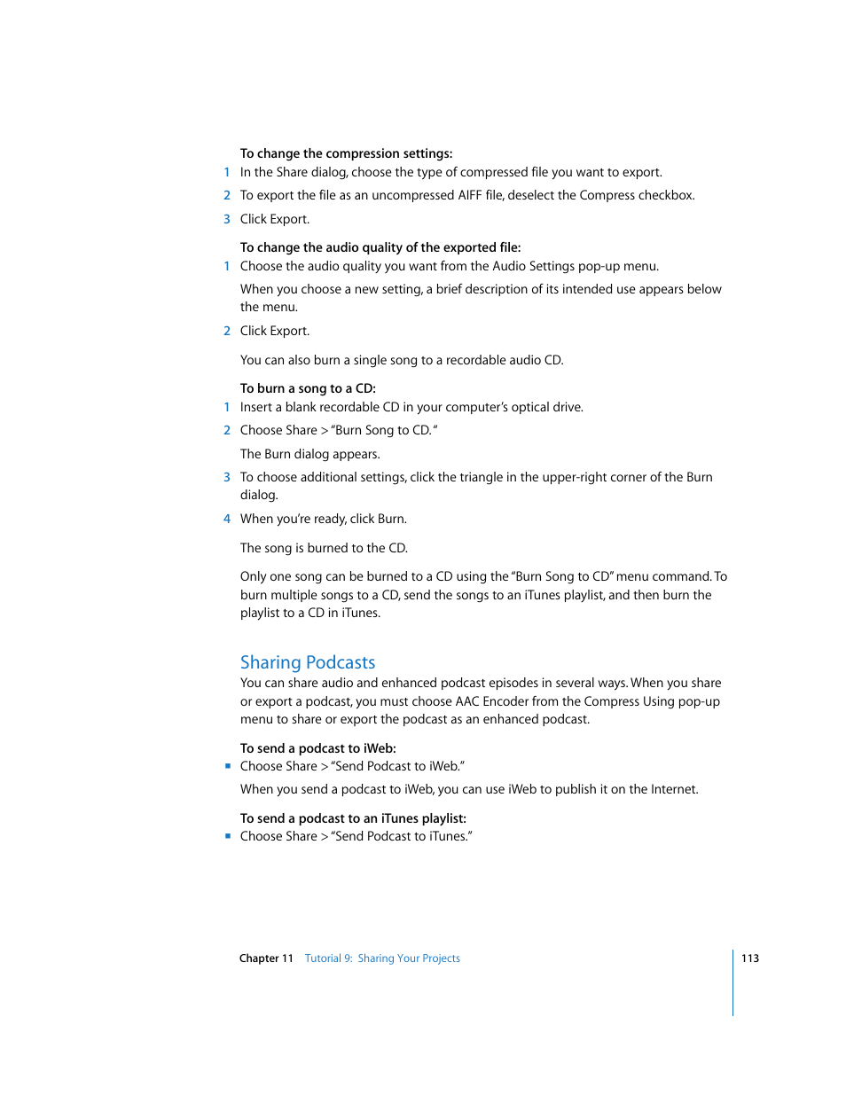 Sharing podcasts | Apple GarageBand '09 User Manual | Page 113 / 122