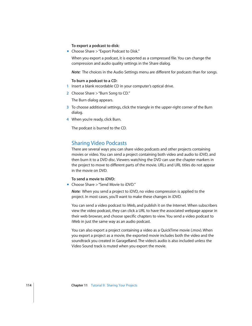 Sharing video podcasts | Apple GarageBand '09 User Manual | Page 114 / 122