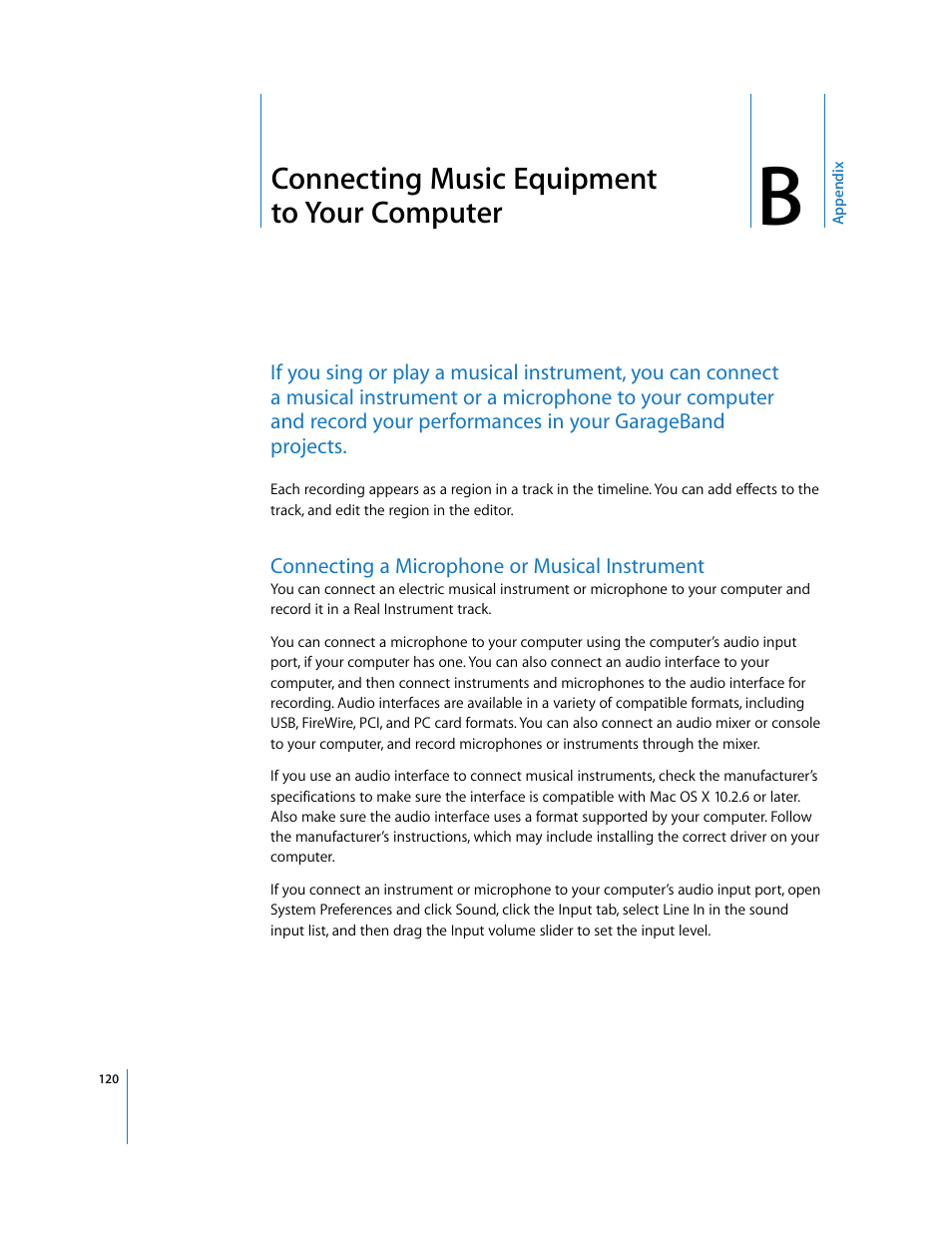 Connecting music equipment toyour computer, Appendix b, Connecting music equipment to your computer | Apple GarageBand '09 User Manual | Page 120 / 122