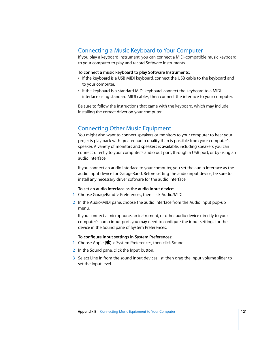 Connecting a music keyboard to your computer, Connecting other music equipment | Apple GarageBand '09 User Manual | Page 121 / 122