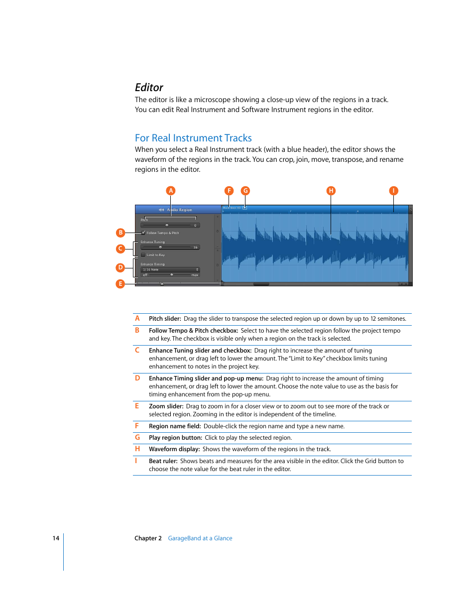 Editor, For real instrument tracks | Apple GarageBand '09 User Manual | Page 14 / 122