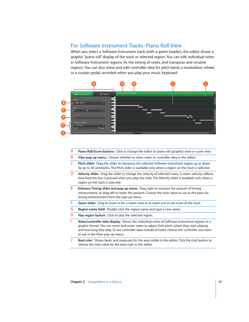 For software instrument tracks–piano roll view | Apple GarageBand '09 User Manual | Page 15 / 122