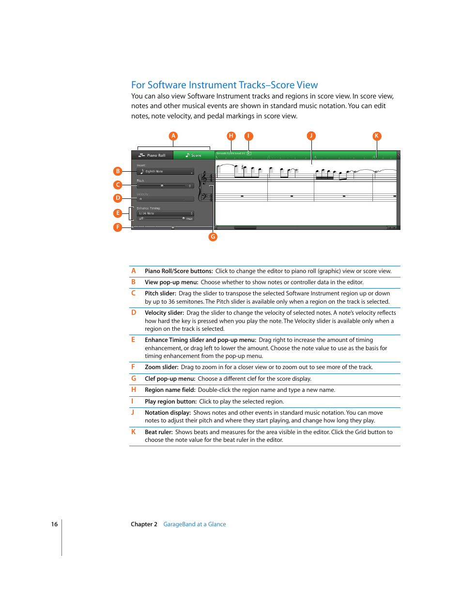 For software instrument tracks–score view | Apple GarageBand '09 User Manual | Page 16 / 122