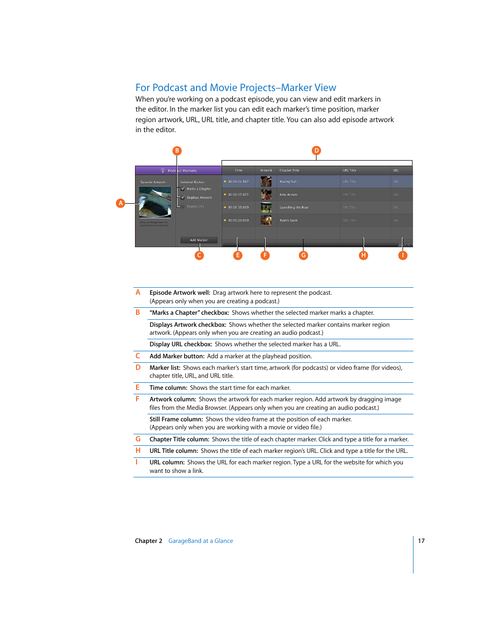 For podcast and movie projects–marker view | Apple GarageBand '09 User Manual | Page 17 / 122
