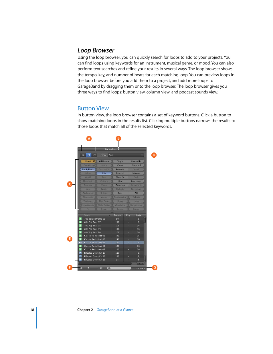 Loop browser, Button view | Apple GarageBand '09 User Manual | Page 18 / 122