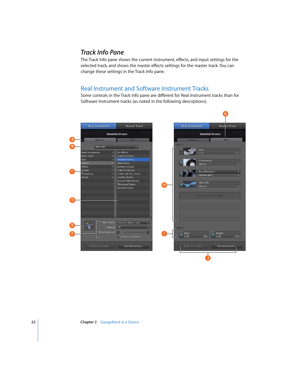 Track info pane, Real instrument and software instrument tracks | Apple GarageBand '09 User Manual | Page 22 / 122
