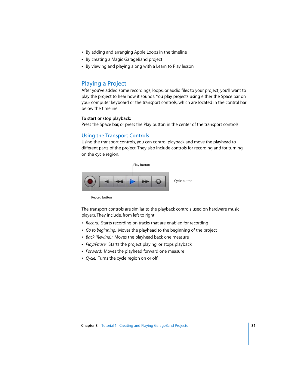 Playing a project, Using the transport controls | Apple GarageBand '09 User Manual | Page 31 / 122