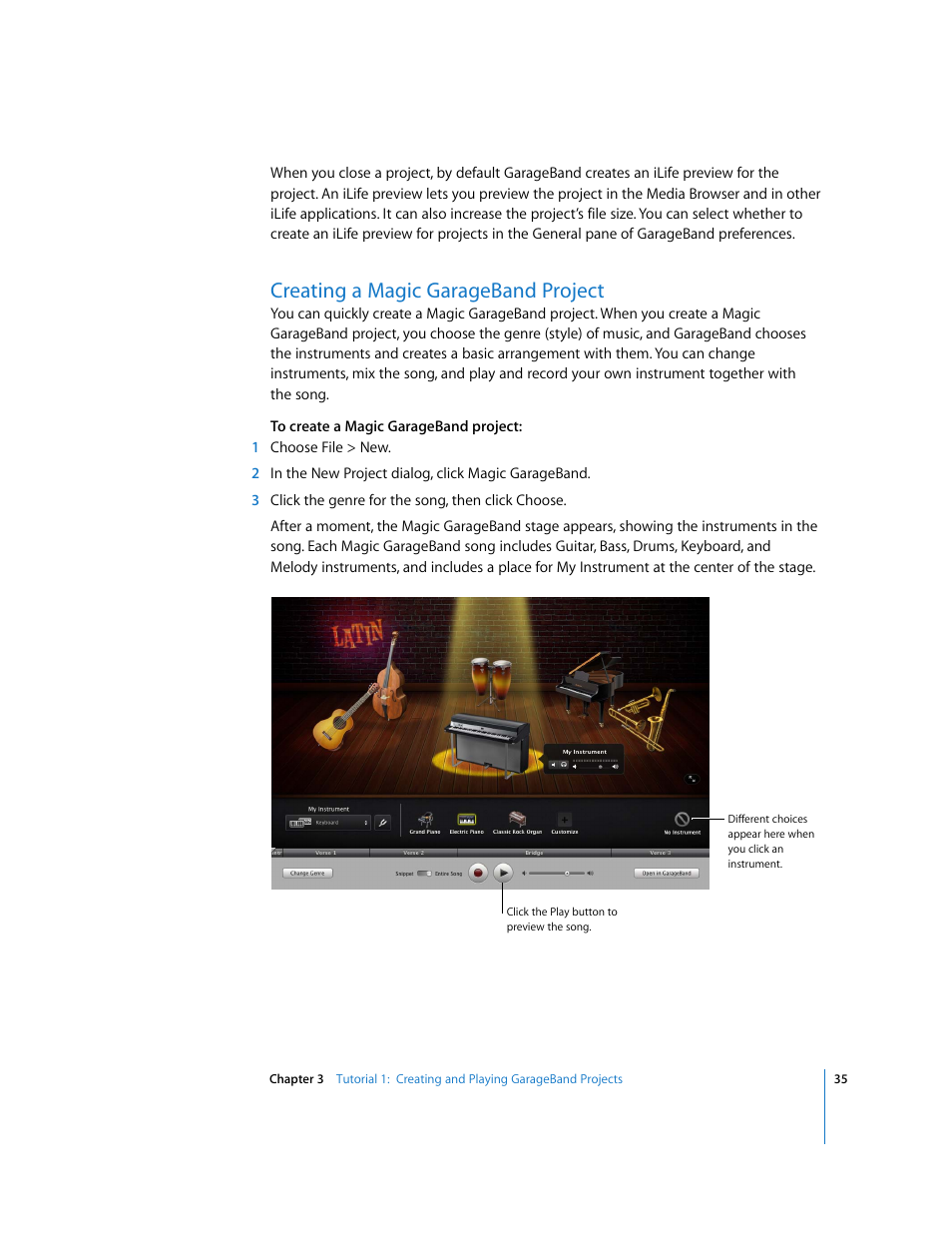 Creating a magic garageband project | Apple GarageBand '09 User Manual | Page 35 / 122