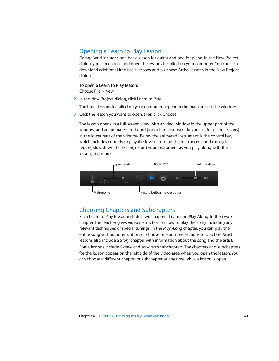 Opening a learn to play lesson, Choosing chapters and subchapters | Apple GarageBand '09 User Manual | Page 41 / 122
