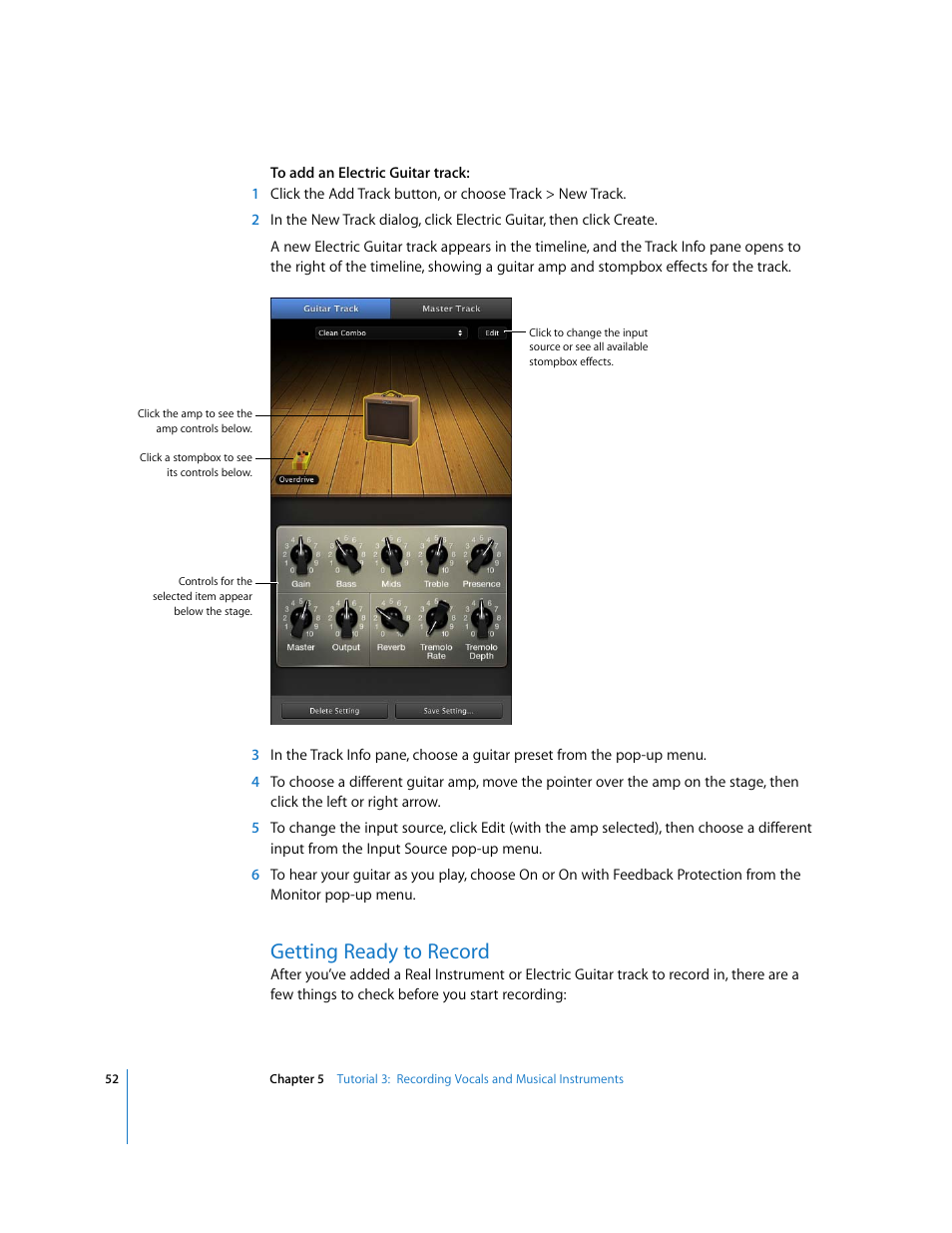 Getting ready to record | Apple GarageBand '09 User Manual | Page 52 / 122
