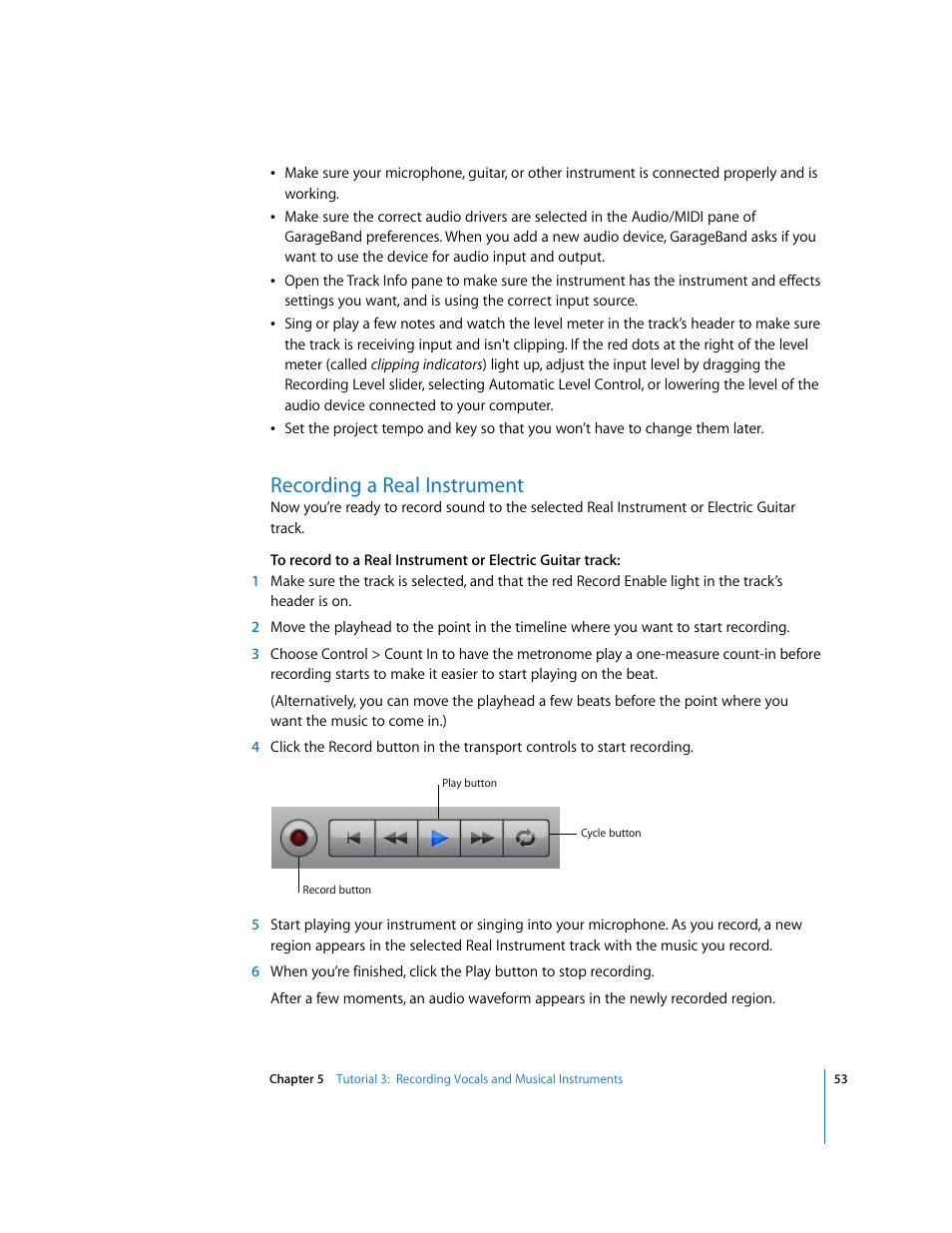 Recording a real instrument | Apple GarageBand '09 User Manual | Page 53 / 122