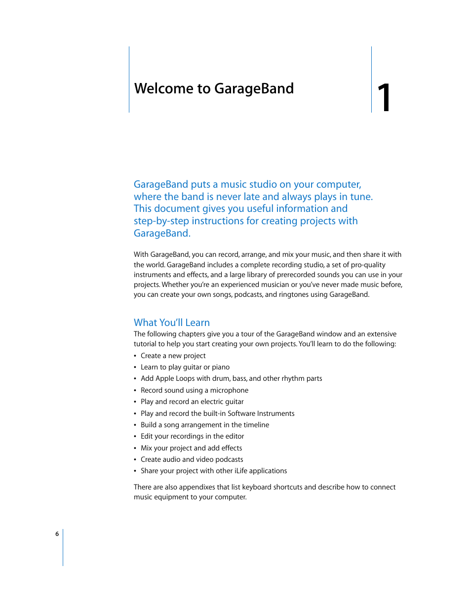 Welcome to garageband, Chapter 1 | Apple GarageBand '09 User Manual | Page 6 / 122