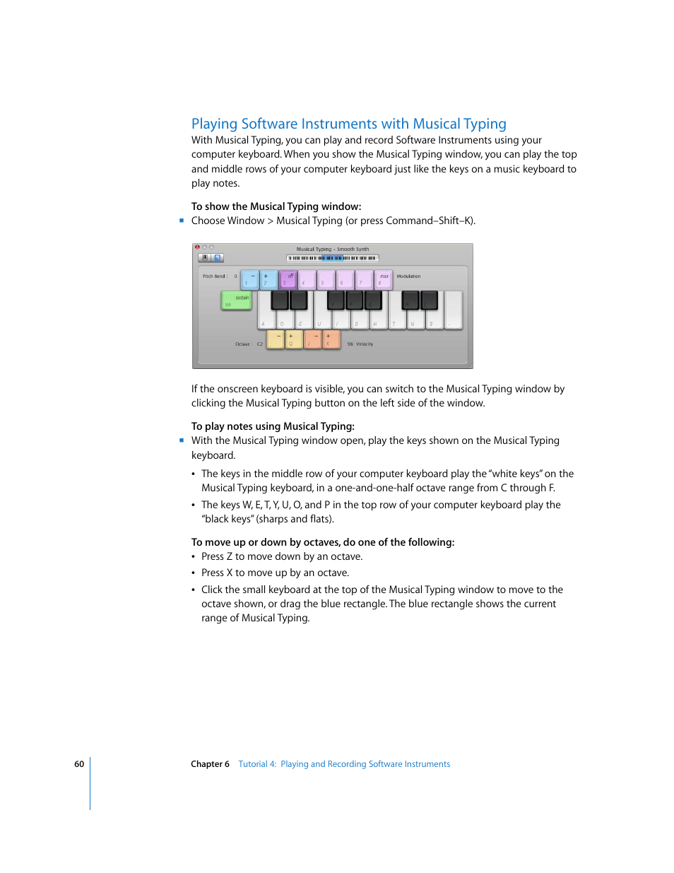 Playing software instruments with musical typing | Apple GarageBand '09 User Manual | Page 60 / 122