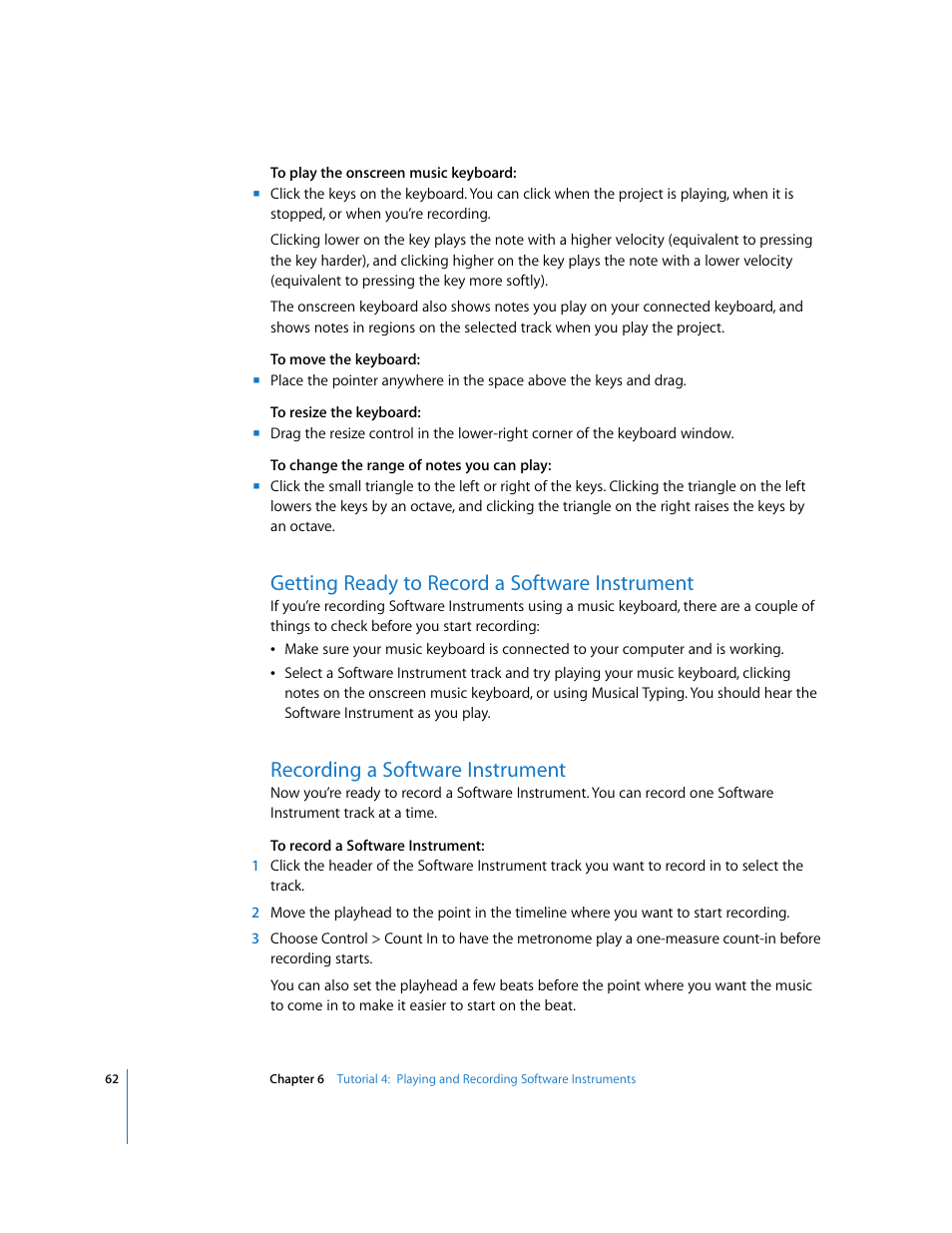 Getting ready to record a software instrument, Recording a software instrument | Apple GarageBand '09 User Manual | Page 62 / 122