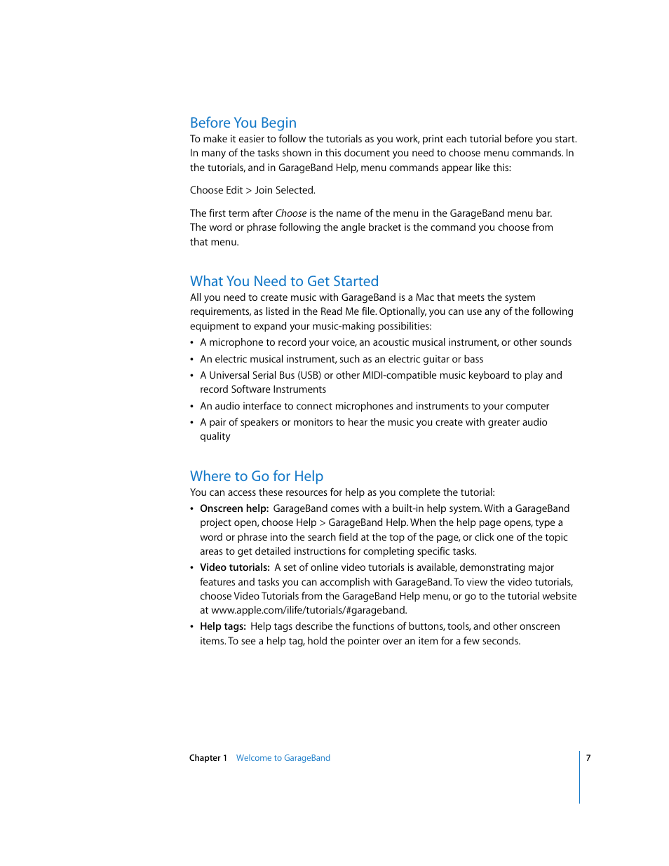 Before you begin, What you need to get started, Where to go for help | Apple GarageBand '09 User Manual | Page 7 / 122