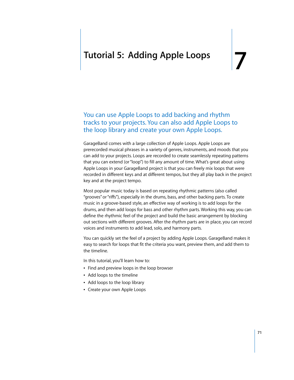 Tutorial 5: adding apple loops, Chapter 7, Tutorial 5: adding apple loops | Apple GarageBand '09 User Manual | Page 71 / 122