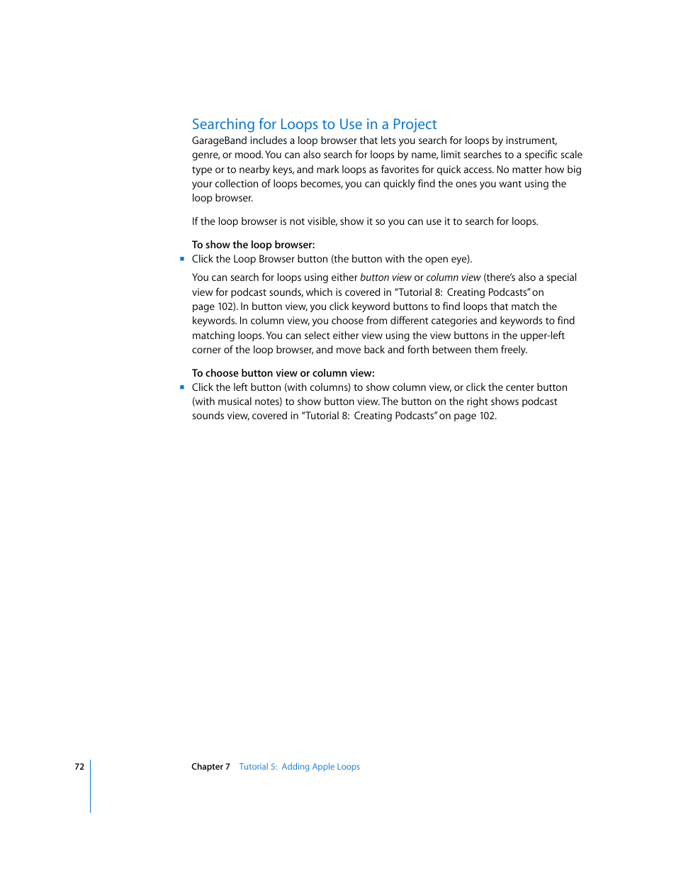 Searching for loops to use in a project | Apple GarageBand '09 User Manual | Page 72 / 122