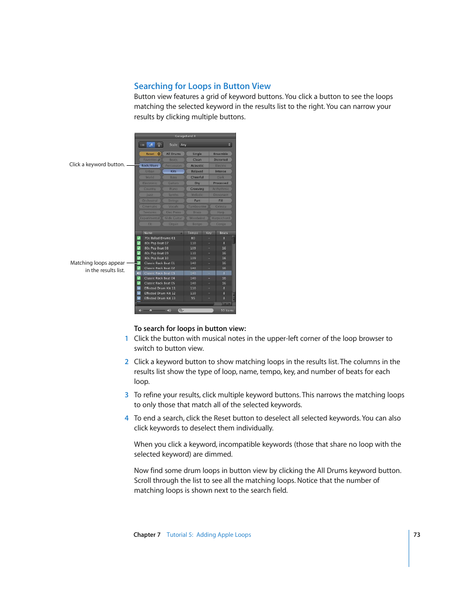 Searching for loops in button view | Apple GarageBand '09 User Manual | Page 73 / 122