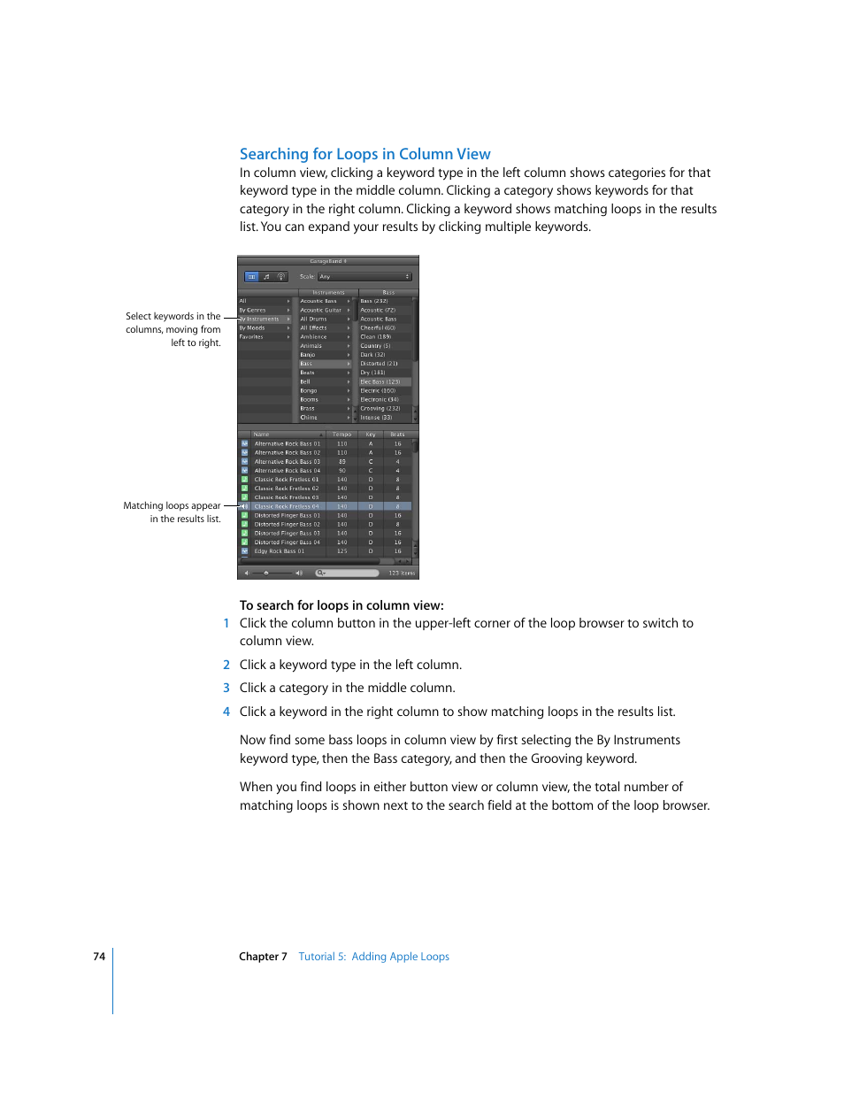 Searching for loops in column view | Apple GarageBand '09 User Manual | Page 74 / 122