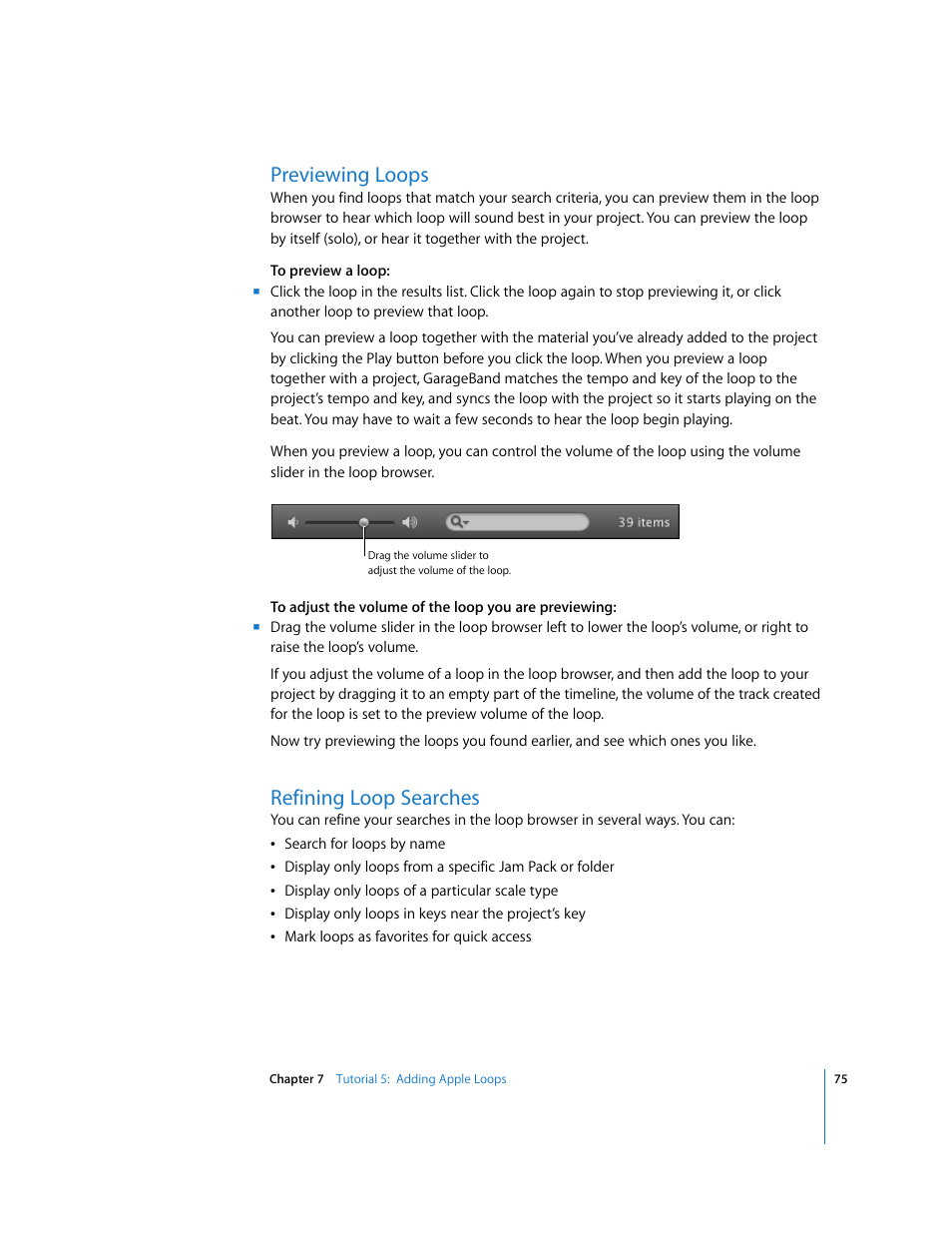 Previewing loops, Refining loop searches | Apple GarageBand '09 User Manual | Page 75 / 122